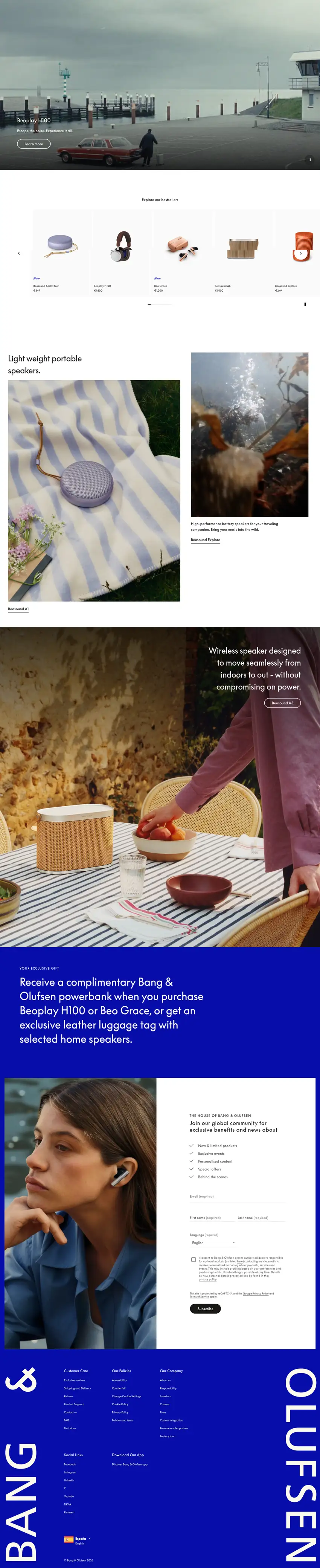 Screenshot of Bang & Olufsen's website