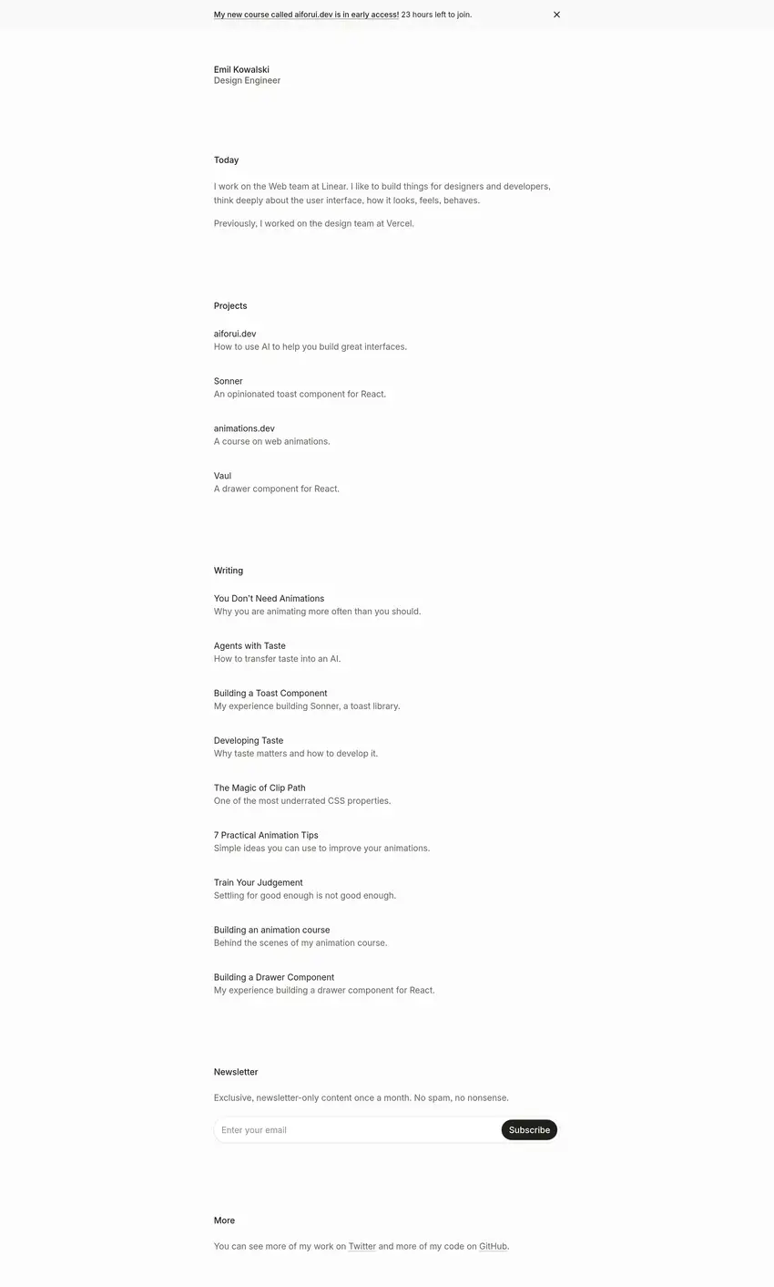 Screenshot of Emil Kowalski's website