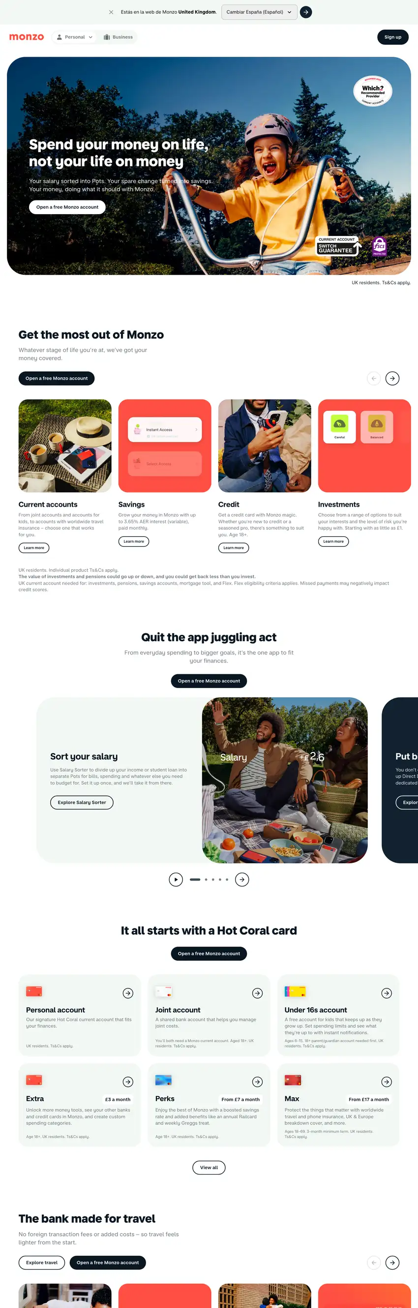 Screenshot of Monzo's website