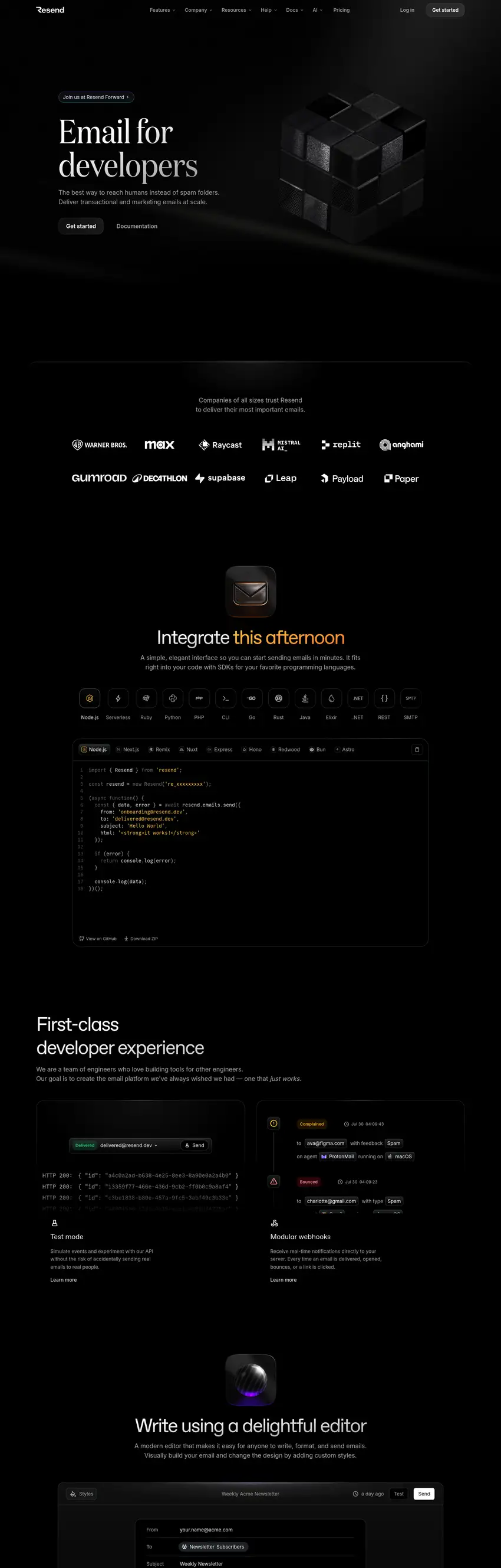 Screenshot of Resend's website