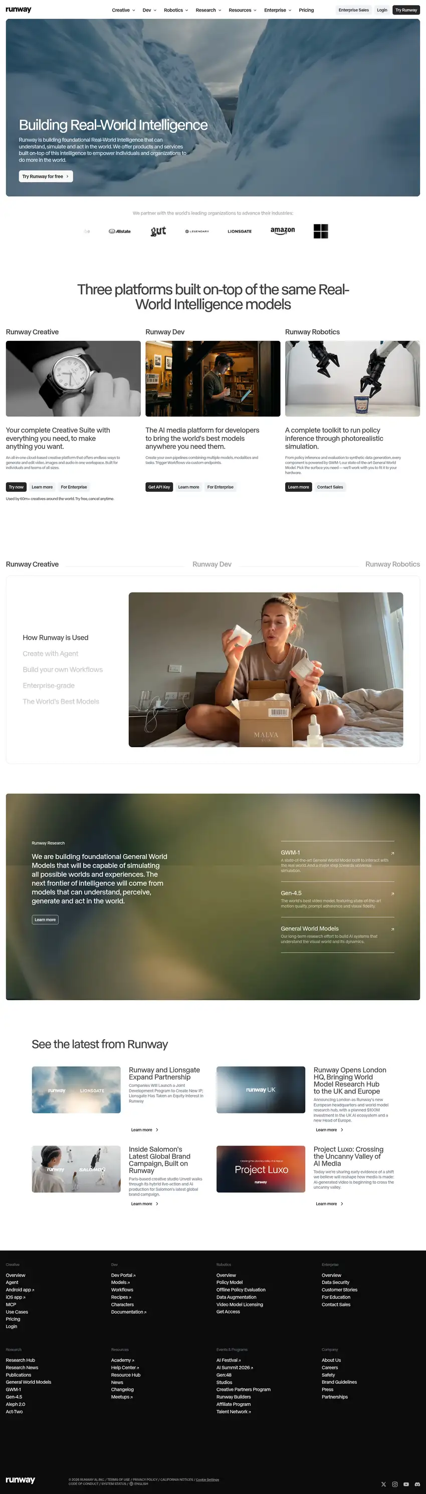 Screenshot of Runway's website
