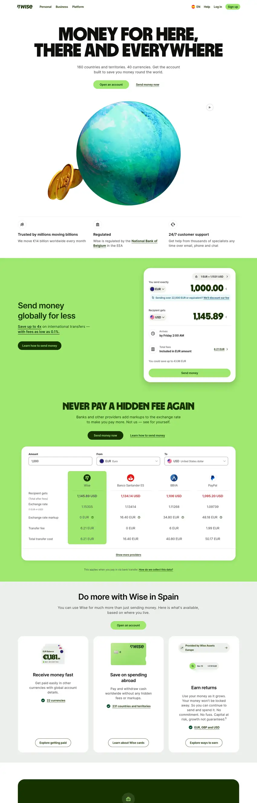 Screenshot of Wise's website